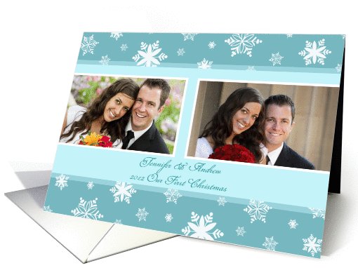 Merry Christmas 1st Christmas Couple Photo Card - Teal White Snow card