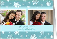 Merry Christmas 1st Christmas Couple Photo Card - Teal White Snow card