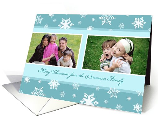 Merry Christmas Custom Name Photo Card - Teal White Snow card (948967)