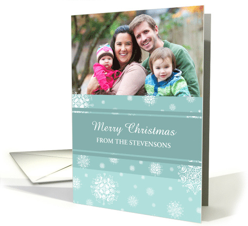 Merry Christmas Photo Card - Teal White Snowflakes card (971705)