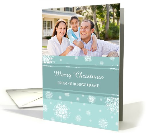 Merry Christmas New Home Photo Card - Teal White Snowflakes card