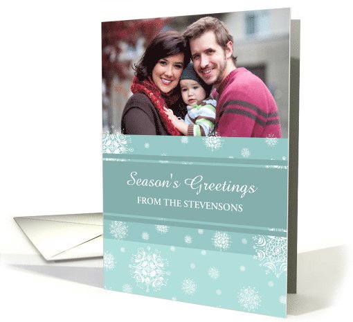 Season's Greetings Photo Card - Teal White Snowflakes card (972157)