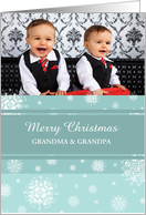 Merry Christmas Grandpa Grandma Photo Card - Teal White Snowflakes card