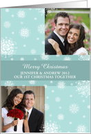 First Christmas Together Double Photo Card - Teal White Snowflakes card
