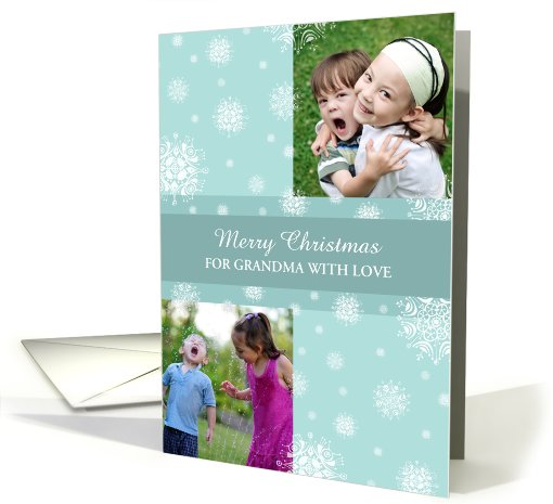 Grandma Christmas Double Photo Card - Teal White Snowflakes card