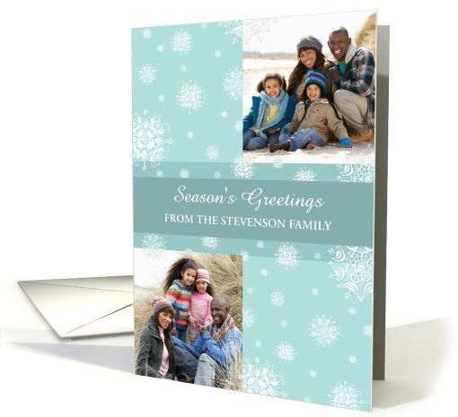 Season's Greetings Double Photo Card - Teal White Snowflakes card