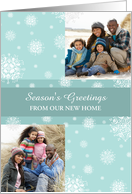 Season’s Greetings New Home Double Photo Card - Teal White Snowflakes card