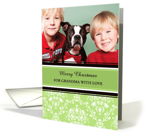 Merry Christmas Grandma Photo Card - Green Damask card (985065)