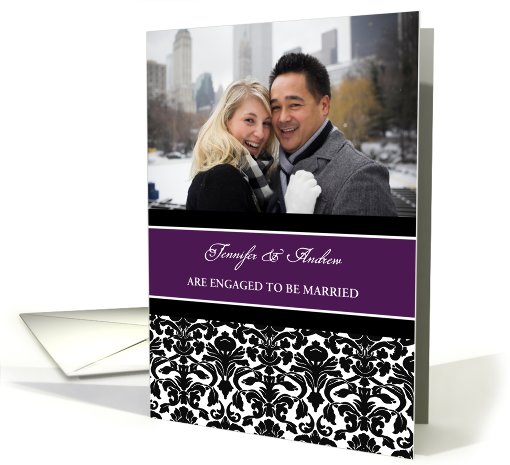 Engagement Announcement Photo Card - Purple Black Damask card (997593)