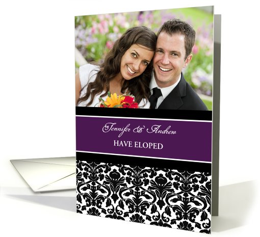 We have Eloped Photo Card - Purple Black Damask card (997629)