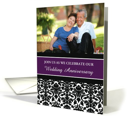 Anniversary Party Invitation Photo Card - Purple Black Damask card
