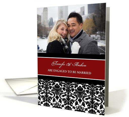 Engagement Announcement Photo Card - Red Black Damask card (998467)