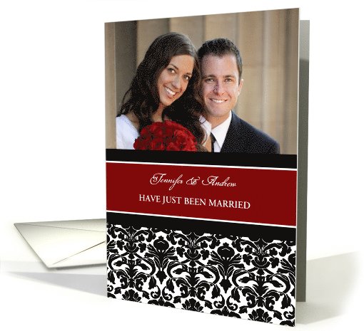 Just Married Announcement Photo Card - Red Black Damask card (998493)