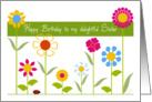 Happy Birthday Delightful Sister, Perky Stick Flowers in a Row card