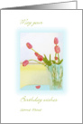 Birthday Wishes, Cheery Rosy Tulips in a Vase, Pastel Prawing card