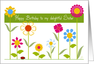 Happy Birthday Delightful Sister, Perky Stick Flowers in a Row card