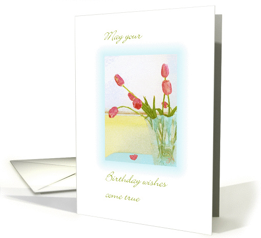 Birthday Wishes, Cheery Rosy Tulips in a Vase, Pastel Prawing card