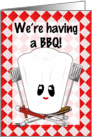 Chef Hat with BBQ Tools on Red Checkered Picnic Tablecloth Invitation card