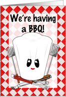 Chef Hat with BBQ Tools on Red Checkered Picnic Tablecloth Invitation card