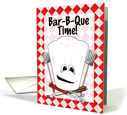 Chef Hat with BBQ Tools on Red Checkered Picnic Tablecloth card