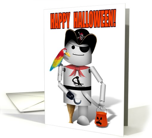 Halloween, Robot Pirate costume, peg leg, parrot, hook hand card