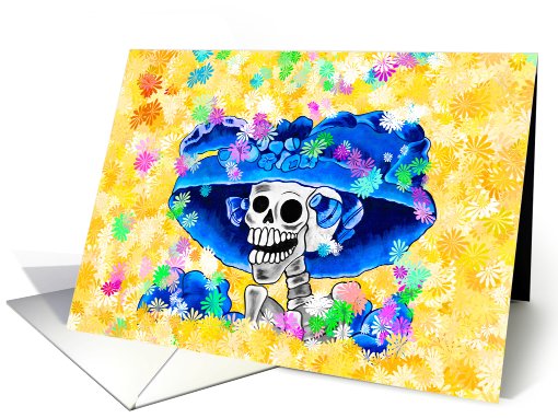 Dia De Los Muertos Laughing Lady with Blue Bonnet card (675414)