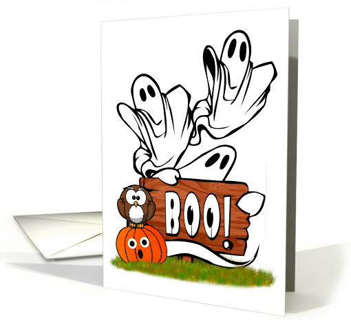 Cartoon Ghosts, Sign and Owl on Cute Pumpkin with BOO Text card