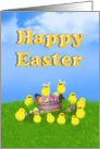 Happy Easter Basket with Colored Eggs And Baby Chicks card