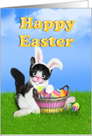 Happy Easter Basket,Colored Eggs And Kitten With Bunny Ears card