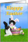 Happy Easter Basket,Colored Eggs And Kitten With Bunny Ears card