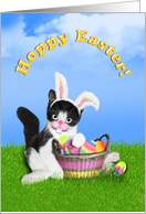 Hoppy Easter Kitten with Ears & Colored Eggs card