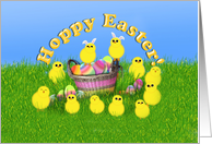 Hoppy Easter Basket with Colored Eggs And Baby Chicks card