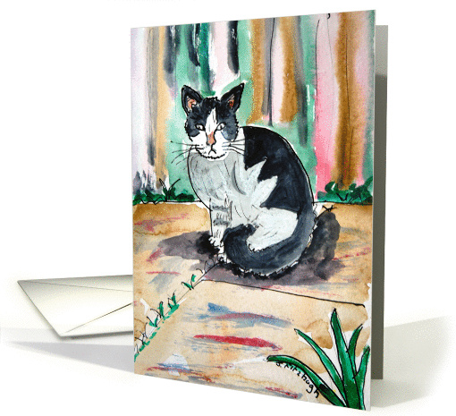 Arty Black and White Cat sat Outside card (926679)