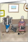 Old couple knitting relaxing on couch- anniversary for parents. card