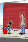 Funny birthday card - kid on leash peeing on a fire hydrant card