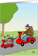 Funny birthday card - old man and dog driving motor scooters. card