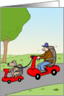 Funny birthday card - old man and dog driving motor scooters. card