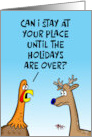 Funny Thanksgiving card - turkey asking a reindeer for holiday help. card