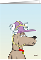 Dog with toilet drinking hat birthday greetings card. card