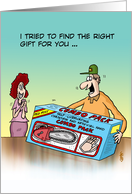 Cartoon woman giving her man a funny gift- Happy Birthday for him. card