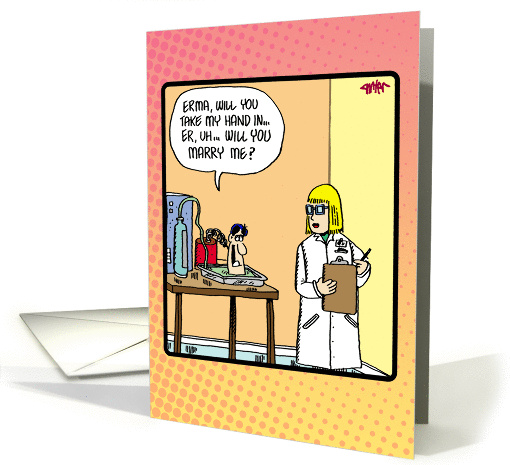 Funny science fiction head in a tray- humorous engagement card