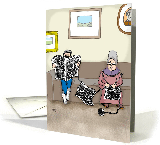 Old couple knitting relaxing on couch- anniversary for parents. card