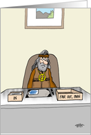 Funny birthday card for him - old hippie sitting at an office desk. card