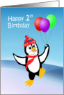 Child’s First Birthday penguin dancing with balloons card