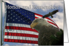 Military Honor and Remember Bald Eagles and flying American Flag card