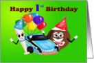 Happy 1st Birthday boy cartoon baseball bat car football with balloons card