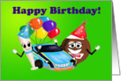 Happy Birthday boy cartoon baseball bat car football with balloons card