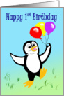 First Birthday for child, Penguin with Balloons card