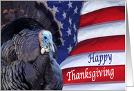 Happy Thanksgiving patriotic turkey waving American flag card