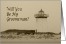 Will you be my Groomsman lighthouse on beach sepia look card